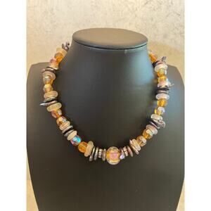 Retro Pumpkin King Artisan Fall glass and pearl statement necklace black orange
